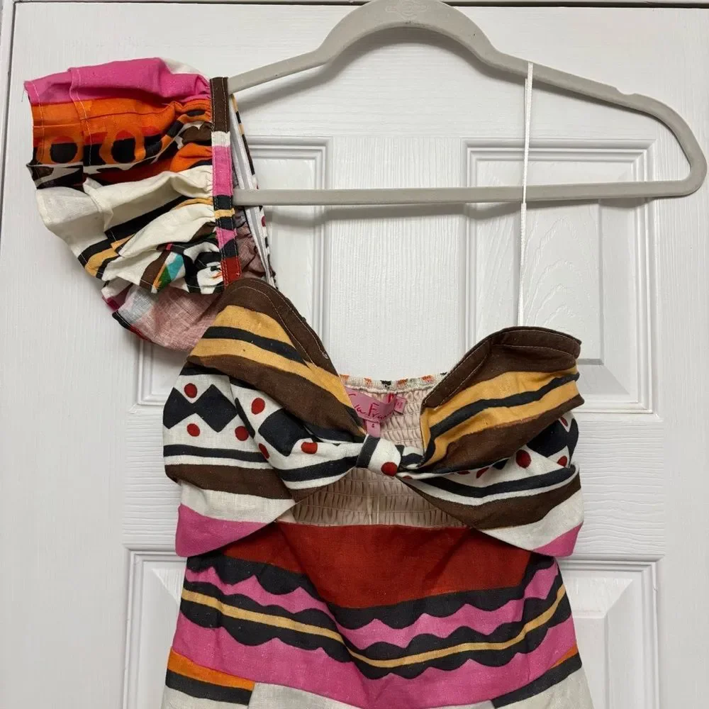 Eva Franco Dress One Shoulder Pleated Tulum Stripe Linen Tribal Ethnic 4 NWT